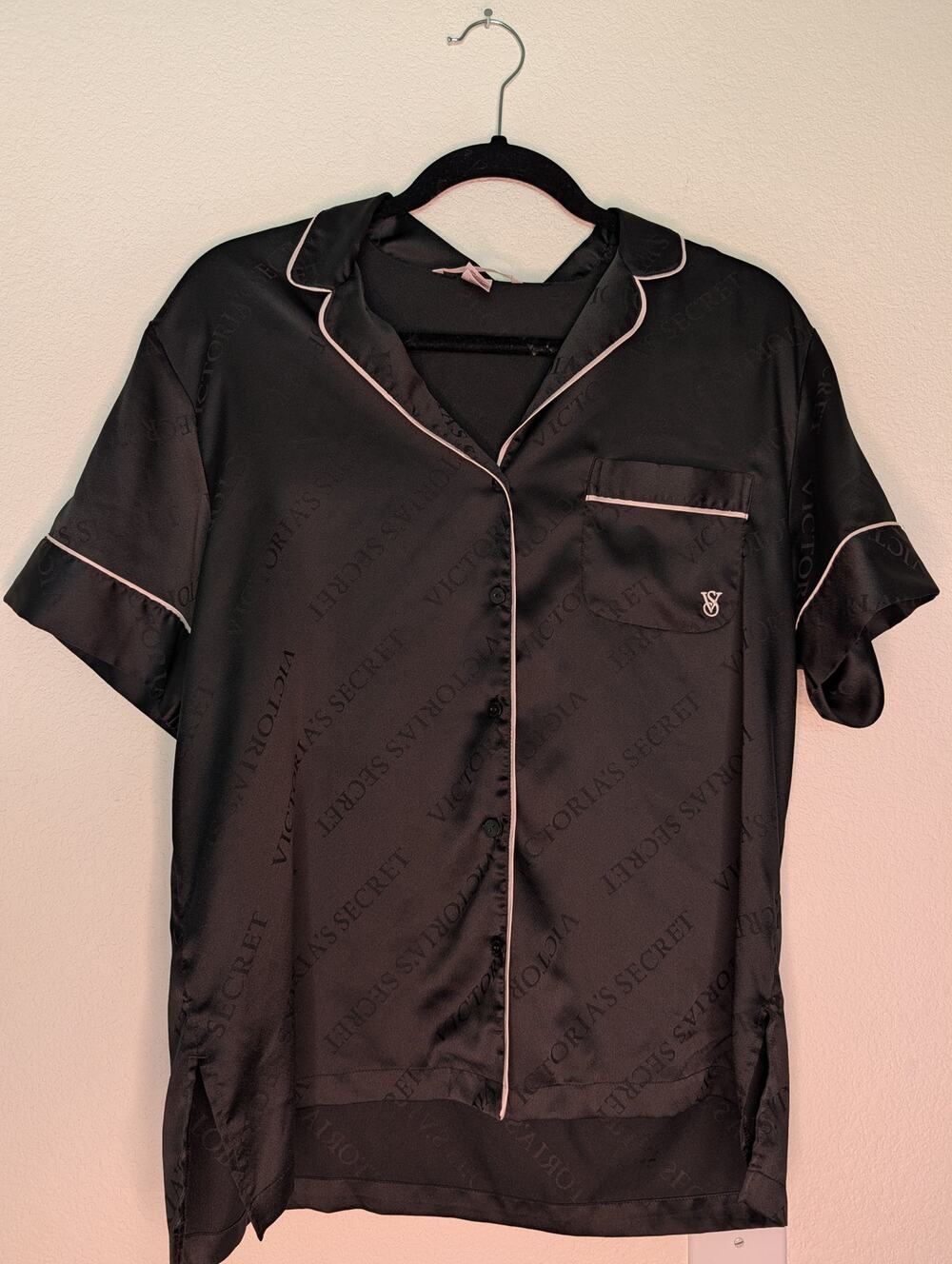 Victorias Secret Black Satin Sleepwear Short Sleeved Top M Sexy Boudoir Romantic